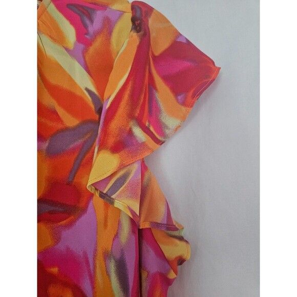 Cynthia Rowley Size 1X Floral Orange Red Top Blouse Lightweight Ruffle Tie Short - Picture 2 of 8